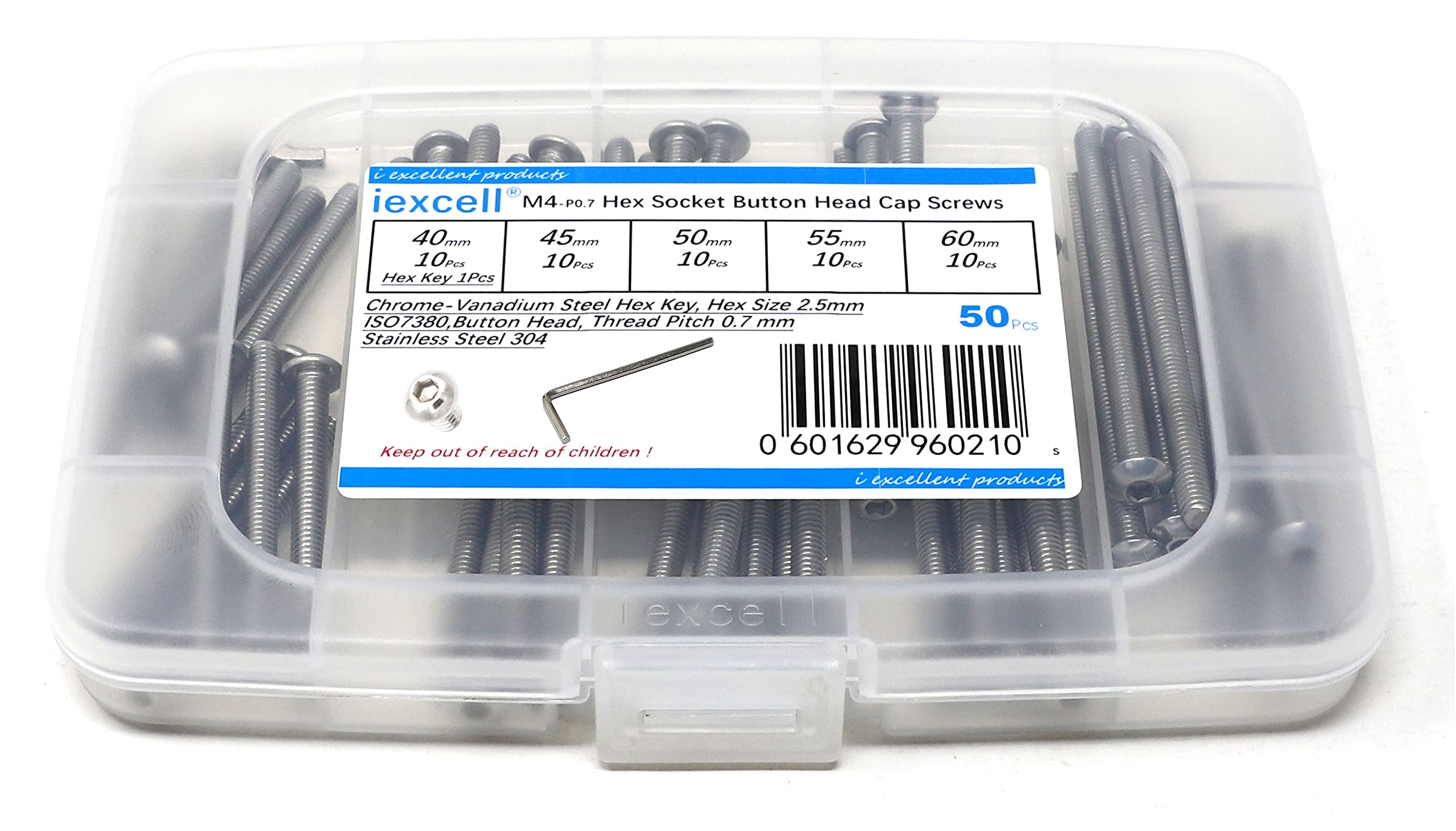 iExcell 50 Pcs Stainless Steel 304 M4 x 40/45/50/55/60 Hex Socket Button Head Cap Screws Bolts Assortment Kit