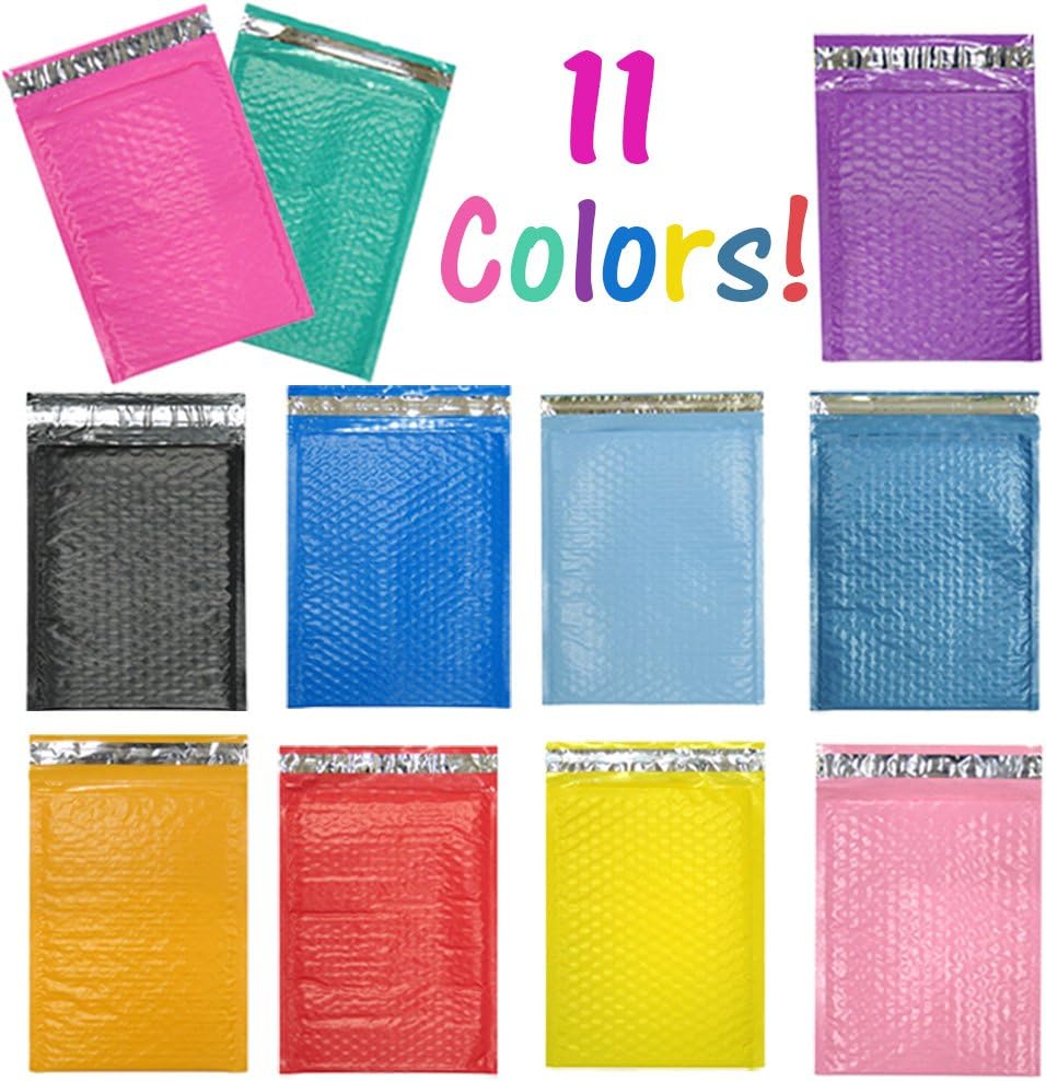 Colored Poly Bubble Mailers, Self Sealing Padded Mailing Envelopes, Mail Bags with Kissy Stickers Party Pack (All Color Mix, 20)