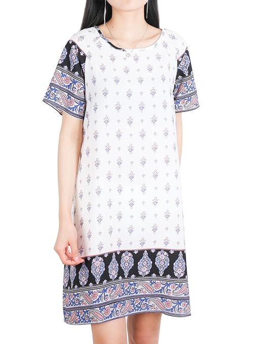 DSUK Damen Split Neck Kurzarm Plissee Blumenknopf Casual Tunika Tops Shirt