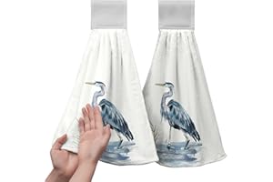 KWLEGH Blue Heron Coastal Hanging Hand Towels Set of 2 Summer Nautical Ocean Beach Themed Kitchen Towels with Hanging Loop Sea Bird Pelican Dish Towel Soft Absorbent Guest Fingertip Bath Towel for Bathroom