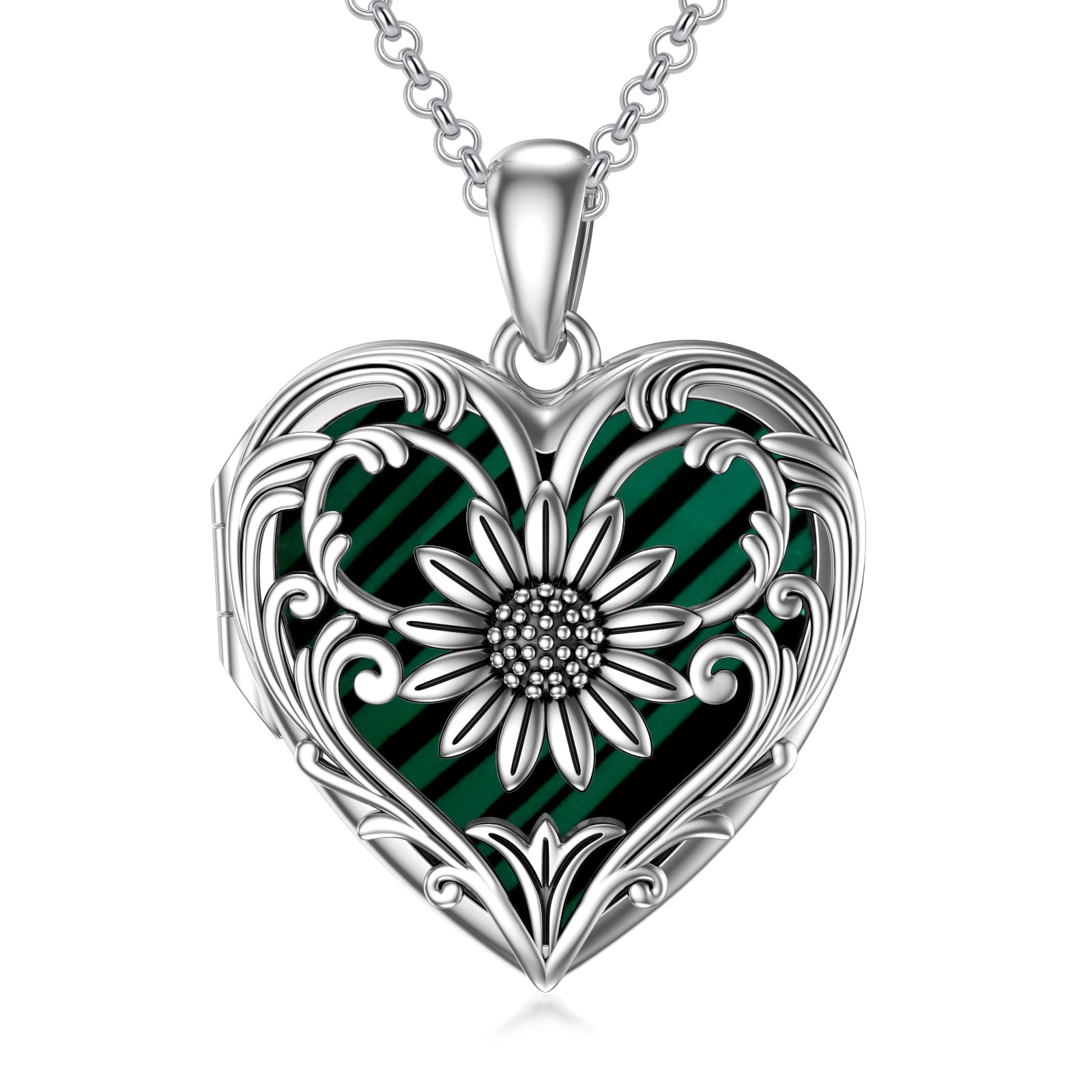 SOULMEET Heart Shaped Green Malachite Sunflower Locket Necklace That Holds 1 Picture Photo Sterling Silver You Are My Sunshine Locket (Locket only)
