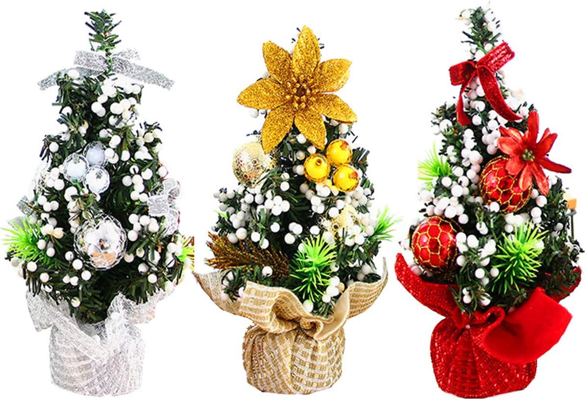 SUNREEK 3 Pieces Mini Artificial Christmas Tree with Ornaments, Small 10inch/25cm Tall Christmas Pine Tree for Christmas Decoration, Table and Desk Tops (Snow Tree)
