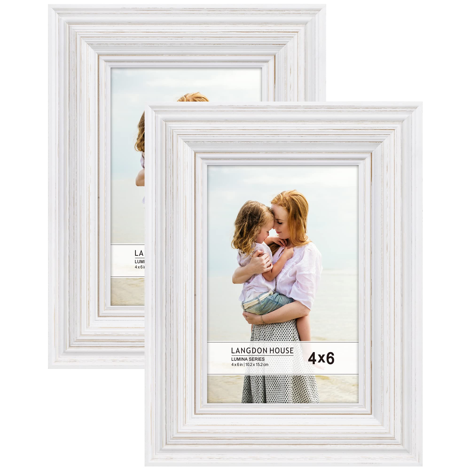 Langdon House - 6x4 Real Wood Picture Frames - Weathered White - Gold Accents, 2 Pack - French Country Style Wooden Photo Frame 6 x 4 - Lumina Collection