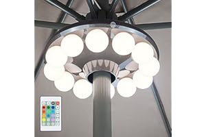 HONGUT Patio Umbrella Light, 3xD Battery Operated Umbrella Pole Light with Remote 80Ft Through Wall, 12 Bulb 60 LEDs, 4 Modes, 12 Color Changing Outdoor Camping Light with Hanging Ring for Umbrella