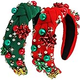 KIUEZIR 2Pcs Christmas Knotted Headband for Women Xmas Red Green Pearl Rhinestone Crystal Jeweled Hairband, Fashion Bow Headbands Non-slip Head band, Wide Hair Accessories