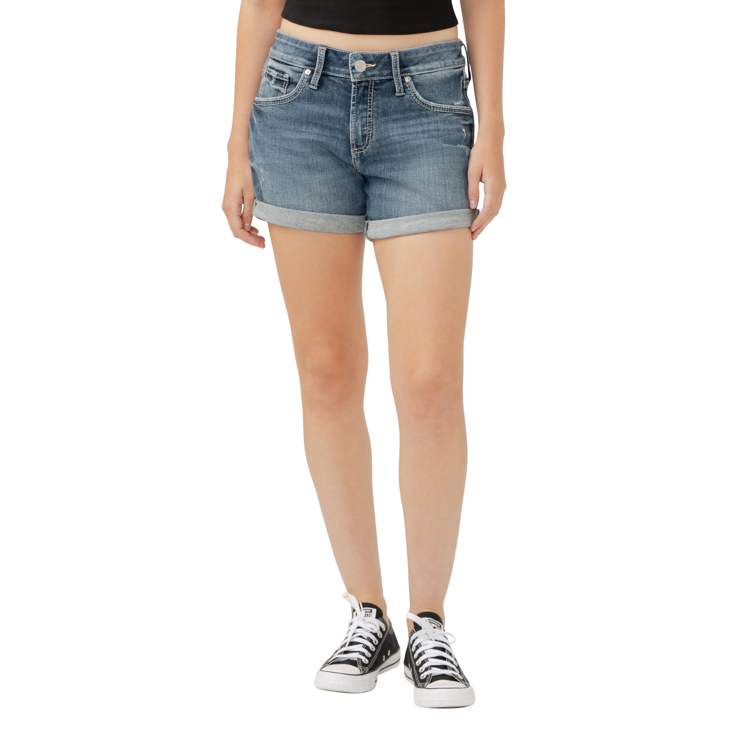 Silver Jeans Co. Women's Boyfriend Mid Rise Shorts, Dark Wash, 30 Image