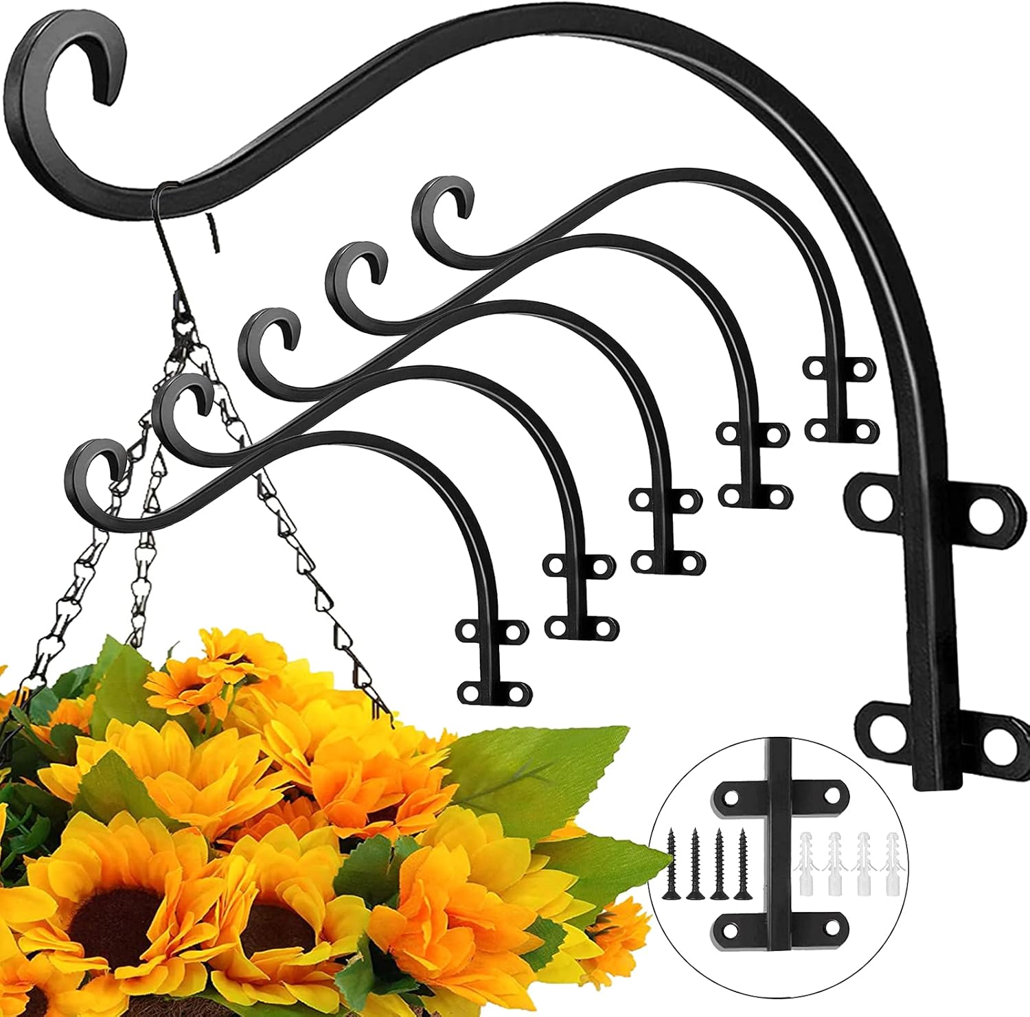 Outdoor Hanging Brackets - EPHECH 6Pack Heavy Duty Hanging Plant Hanger Hook for Outdoor and Indoor, 12Inch Wall Hanging Basket Bracket, Black Metal Outdoor Hanging Bracket for Hanging Flower Pot Bird Feeder Lanterns