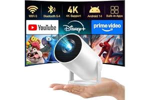Mini Projector with WiFi 6 and Bluetooth 5.4, 4K Support & Phone Remote X1 | Portable Smart Projector with App, Short Throw Auto Keystone Built-in Android TV OS, 180° Rotatable Projector for Home Cinema
