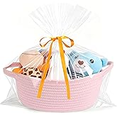 HOBASKET Small gift Basket with Bag and Ribbon Included,Cotton Rope Woven Storage Basket, Pink, Organic Cotton, 12x8x5 Inches, with Handles,Cute Baby Toy Basket