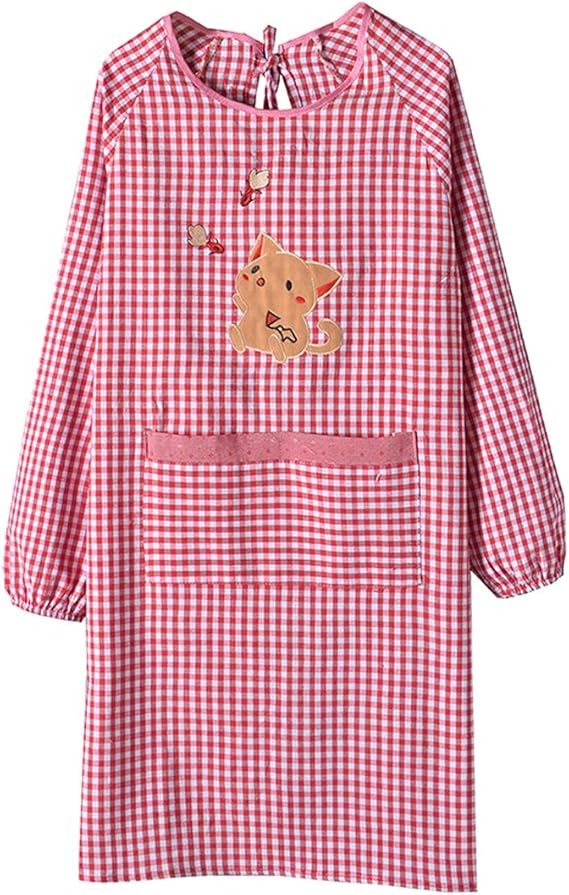 Amazon Co Jp Bole Kk チェック柄 割烹着 エプロン 女性用 かっぽう着 保育士 料理 かわいい キャラクターおしゃれ 長袖 猫柄 ロング ファッション