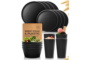 Teivio 16-Piece Kitchen Plastic Coupe Wheat Straw Dinnerware Set, Service for 4, Dinner Plates, Dessert Plate, Cereal Bowls, Cups, Unbreakable Unique Plastic Outdoor Camping Dishes, Coupe Black Matte