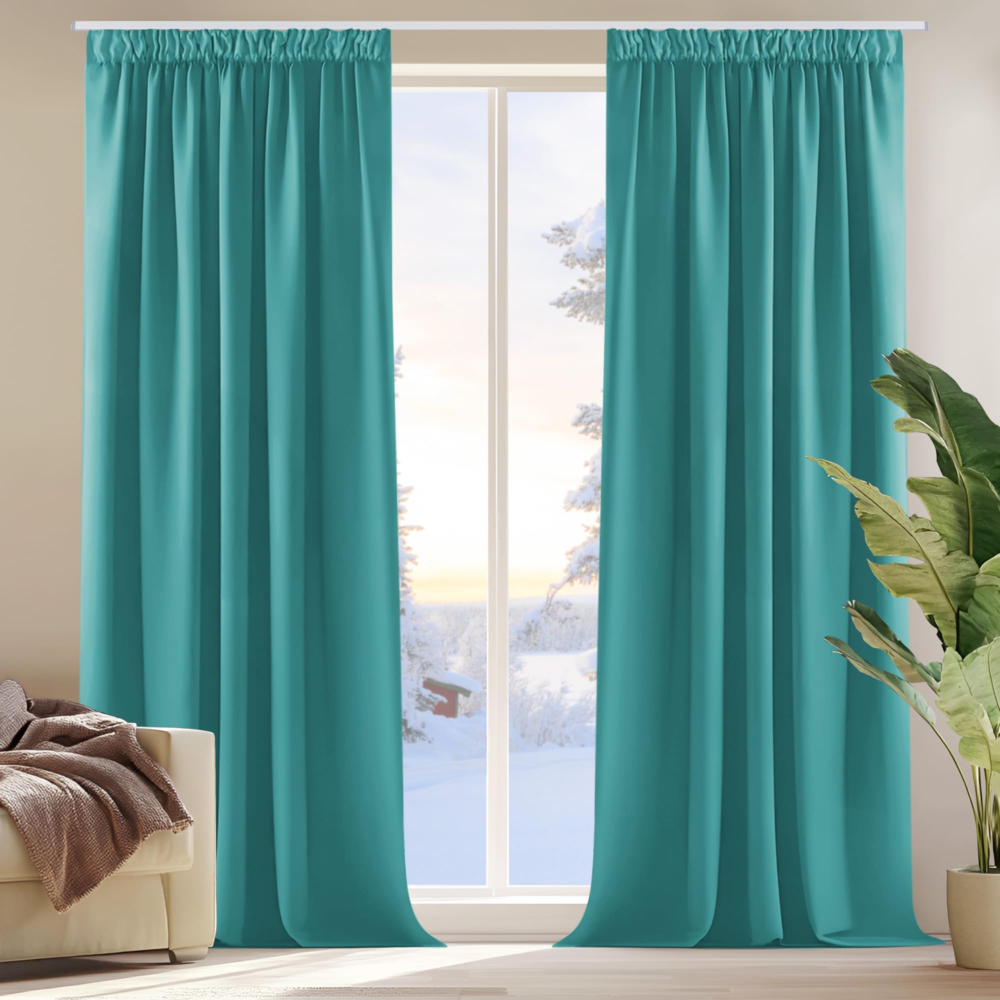 Deconovo Pencil Pleat Curtains Energy Saving and Noise Reducing Thermal Insulated Blackout Curtains for Bedroom W55 x L102 Inch 2 Panels Turquoise