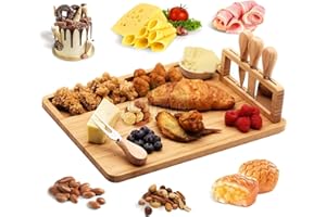 Bamboo Charcuterie Board Set, Cheese Board and Knife Set, Wine Meat Cheese Platter Serving Board with 4 Stainless Steel Knife