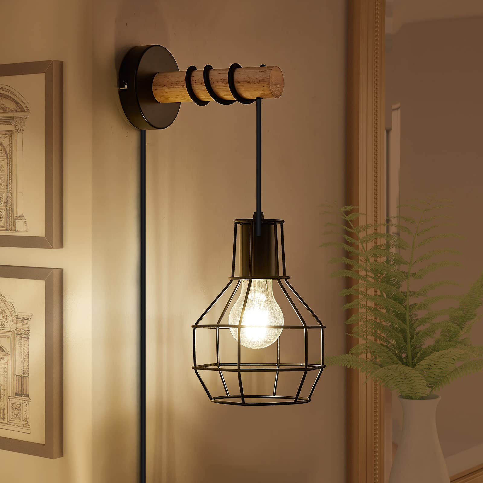 Industrial Wall Lights with Plug in Cord for Living Room, Black Farmhouse Wall Sconces with Metal Cage Retro Lamps E27 Vintage Lighting Mounted Fixture with Switch Bedroom Bedside Reading Lights