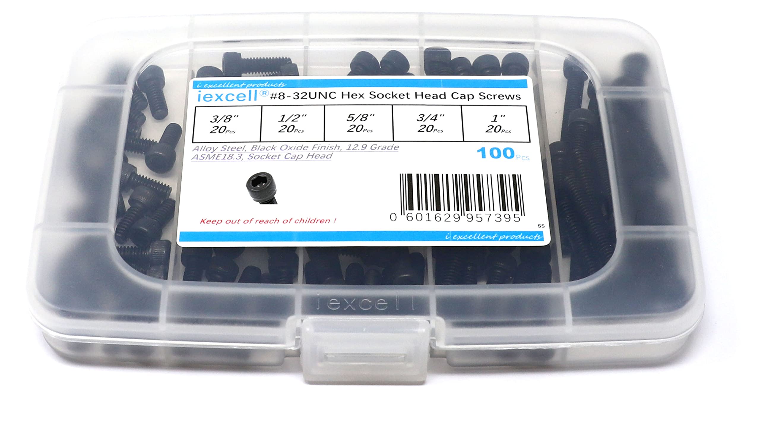 iExcell 100 Pcs 12.9 Grade #8-32UNC x 3/8" 1/2" 5/8" 3/4" 1" Alloy Steel Hex Socket Head Cap Screws Bolts Assortment, Black Oxide Finish