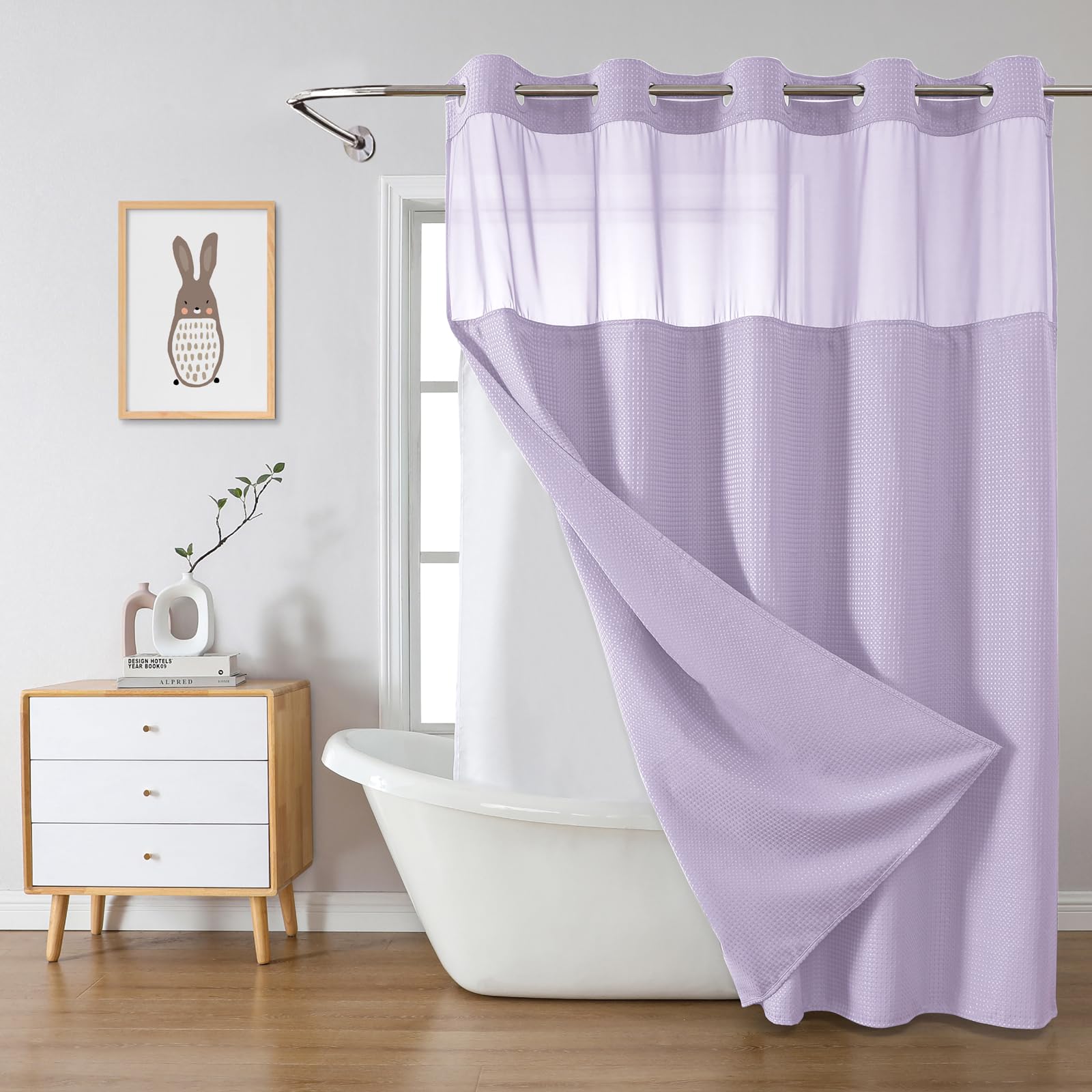 eachope Lavender No Hook Waffle Weave Shower Curtain with snapin Liner