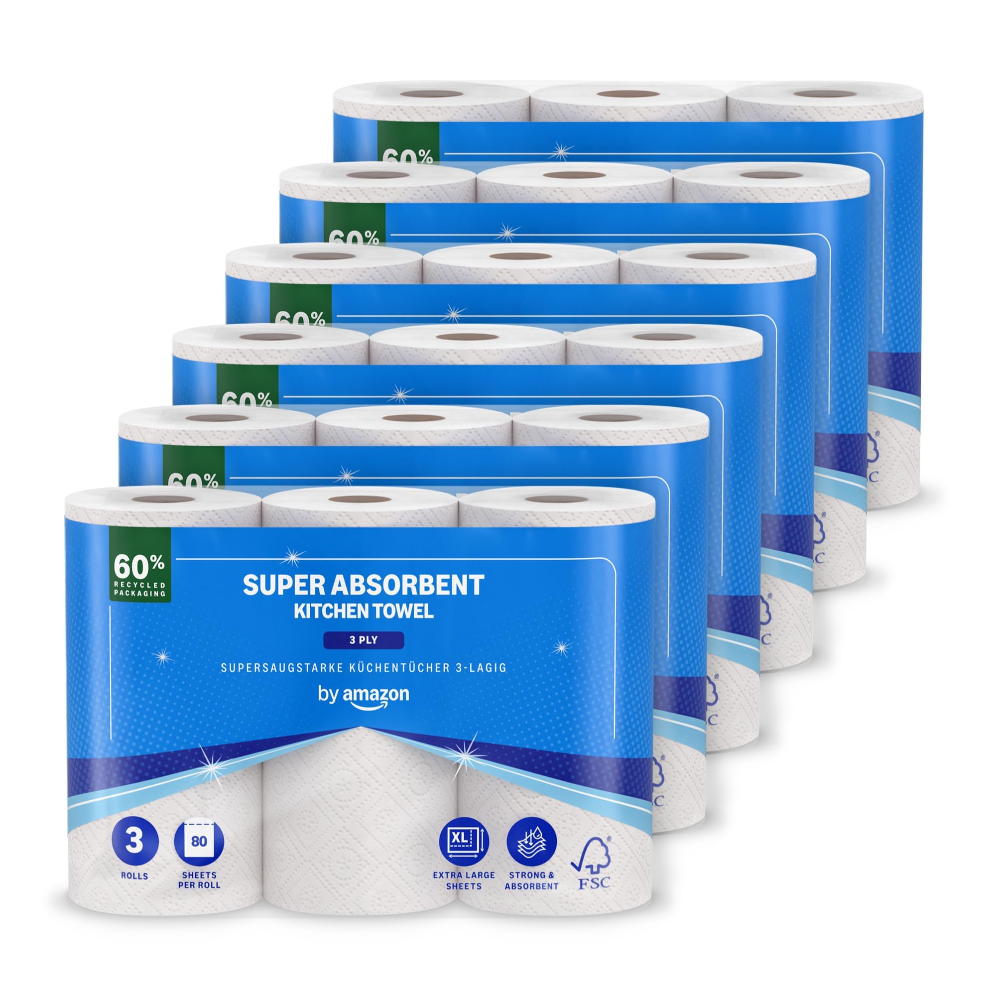 by Amazon Super Absorbent Kitchen Towel, 3-Ply 18 Rolls (6 Packs of 3), 80 Sheets Per Roll, FSC Certified (Previously Presto!)