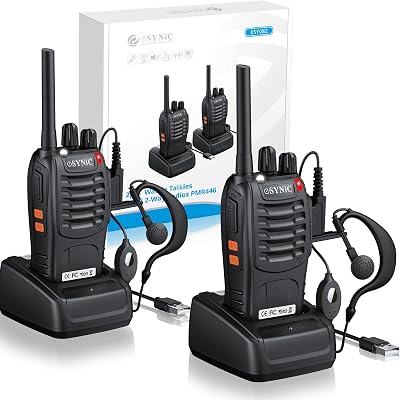 eSynic 2 Pack Walkie Talkies 16CH VOX Li-ion 1500mAh Earpiece LED Torch