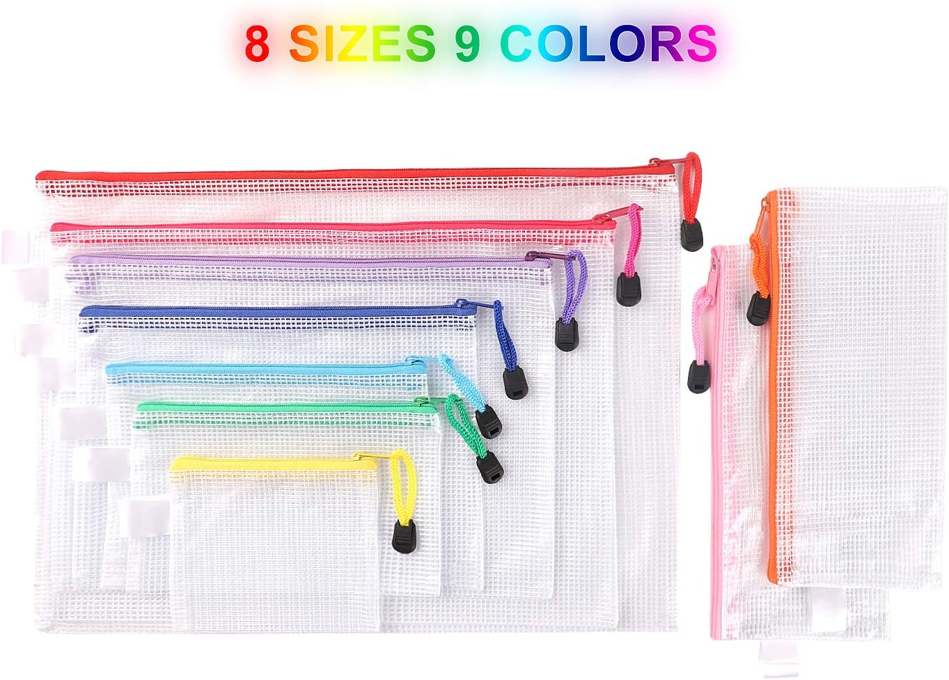 JARLINK 18 Pack 8 Sizes Zipper Mesh Pouch, Waterproof Zipper File Bags Document Pouch Multipurpose Travel Bags for Office Supplies Cosmetics Travel Accessories : Office Products