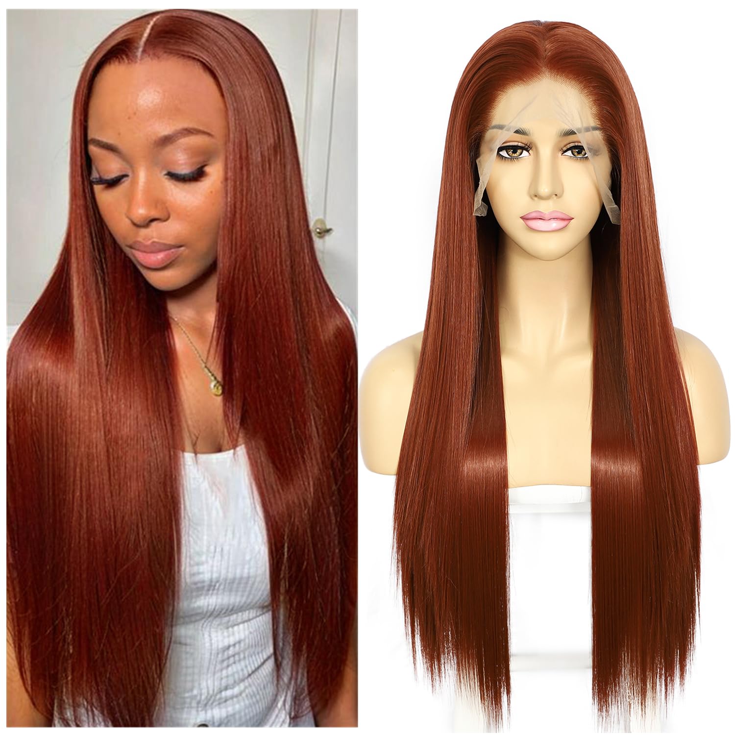 Sapphirewigs 13x6 Auburn Straight Lace Front Wigs Long Straight Wig for Women Copper Red Lace Front Synthetic Hair 150% Density Party Daily Wear Heat Resistant 26inch — image 1