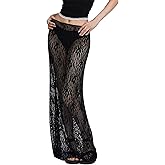 LTZYLS Lace Maxi Skirt for Women See Through Sexy Boho Summer Skirt Flowy Long Transparent White Skirt for Beach Vacation