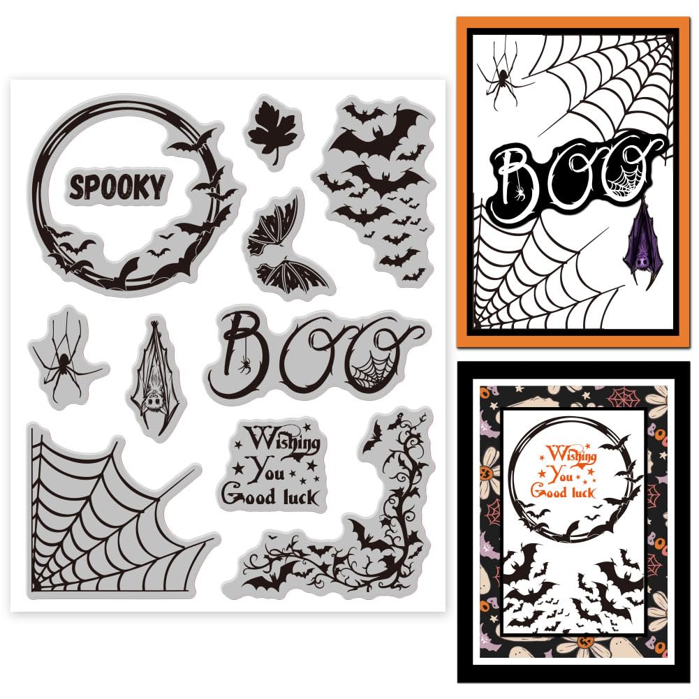 GLOBLELAND Spider Web Border Cling Rubber Stamp 7.09x8.66inch Halloween Bat Border EVA Stamps Embossing Stamp Seal Rubber Stamps for DIY Scrapbooking and Card Making Paper Craft Decor