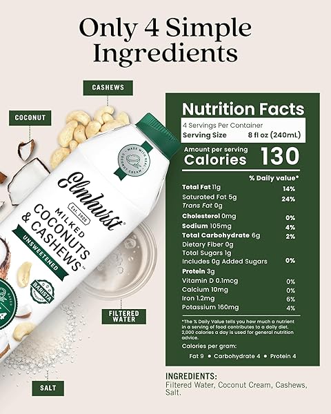 ELMHURST 1925 UNSWEETENED COCONUT & CASHEW MILK – 32 OUNCE DAIRY-FREE, GLUTEN-FREE, VEGAN, SHELF STABLE MILK MADE W/COCONUT CREAM & CASHEWS FOR HEALTHIER, SIMPLER PLANT-BASED ALTERNATIVES