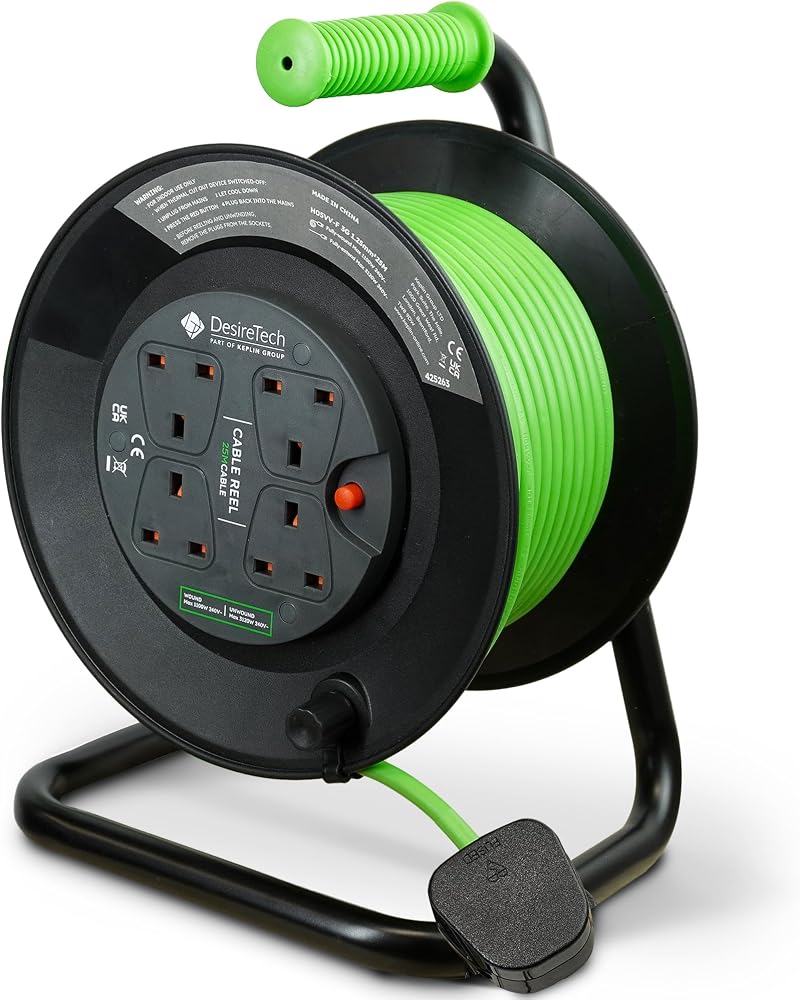Desiretech 4 Socket Extension Lead 25m Heavy Duty 13A Cable Reel
