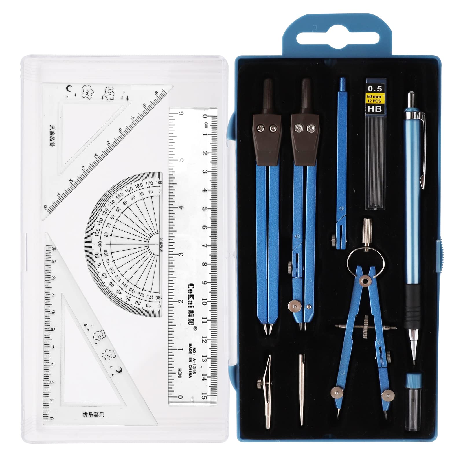13pcs Professional Geometry Set Metal Compass Set Geometry Precision Tool Kit Student Supplies Drafting Tools with Shatterproof Storage Case Protractor Triangle Ruler Set (Blue)