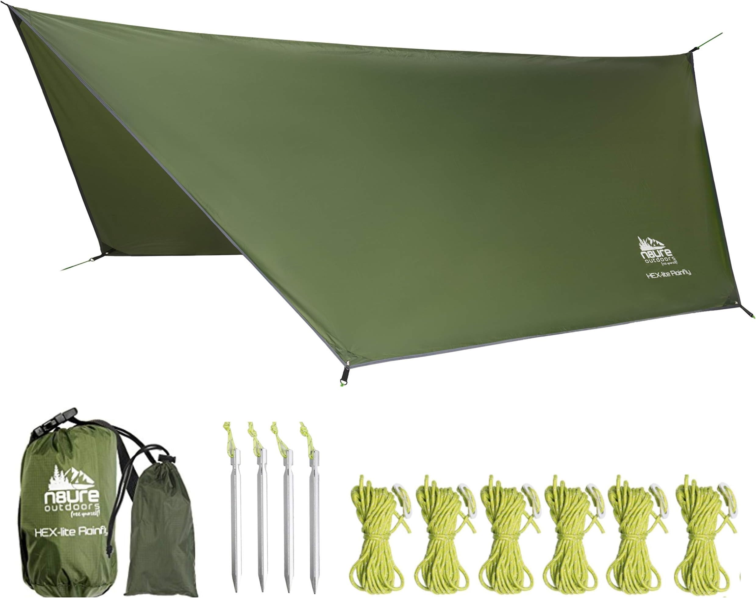 N8URE Outdoors Hammock Camping Rain Fly Tarp 12'x10' Hex Ultra Light Ripstop Nylon Water Proof Shade Tent Shelter Backpacking Hiking Travel Bushcraft Survival Gear Includes Stakes Ropes Stuff Sack