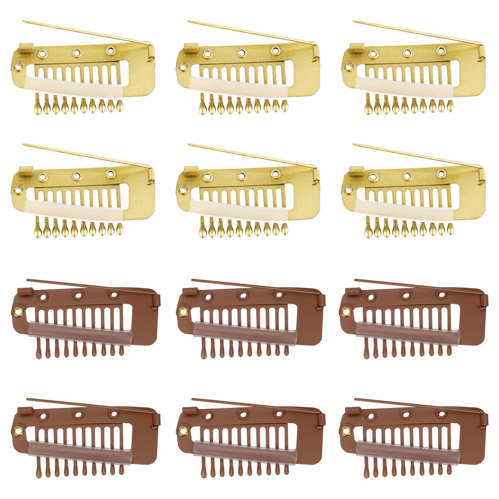 NQEUEPN 12pcs Wig Clip with Safety Pins, 10-Teeth Hair Extension Snap Invisible Wig Combs to Secure Wig No Sew Chunni Grip Dupatta Clips for Girls Women Wig Headscarf Hijab & Tikka (Brown, Gold)