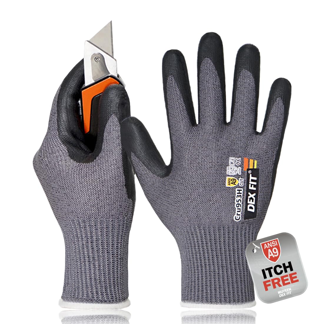DEX FIT Cru953H Level A9 Cut Resistant Gloves, Fiberglass-Free, Power Grip Foam Nitrile, 3D Comfort Fit, Touchscreen, 13-Gauge for Sheet Metal, Stamping, Glass, Recycling; Grey XS (6) 1 Pair