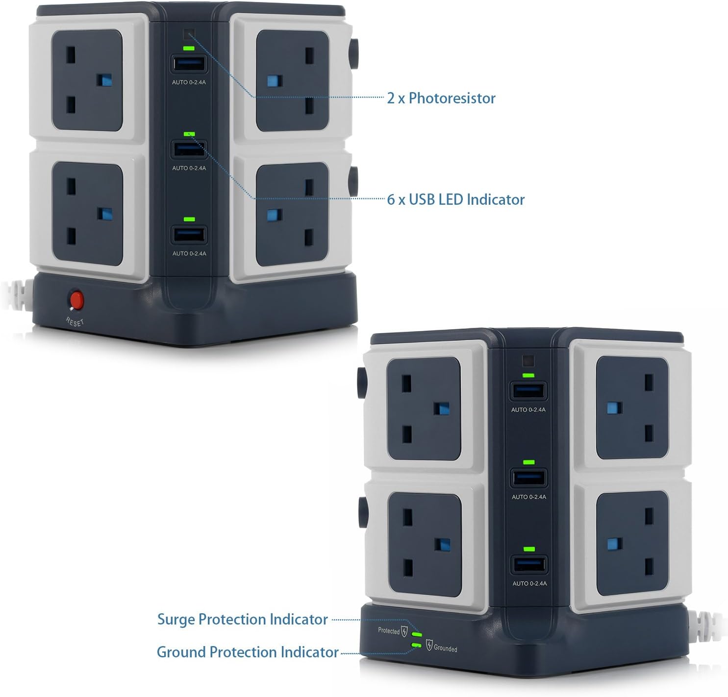 BESTEK 8 Way Surge Protected Tower Extension Lead Socket Plug with 6