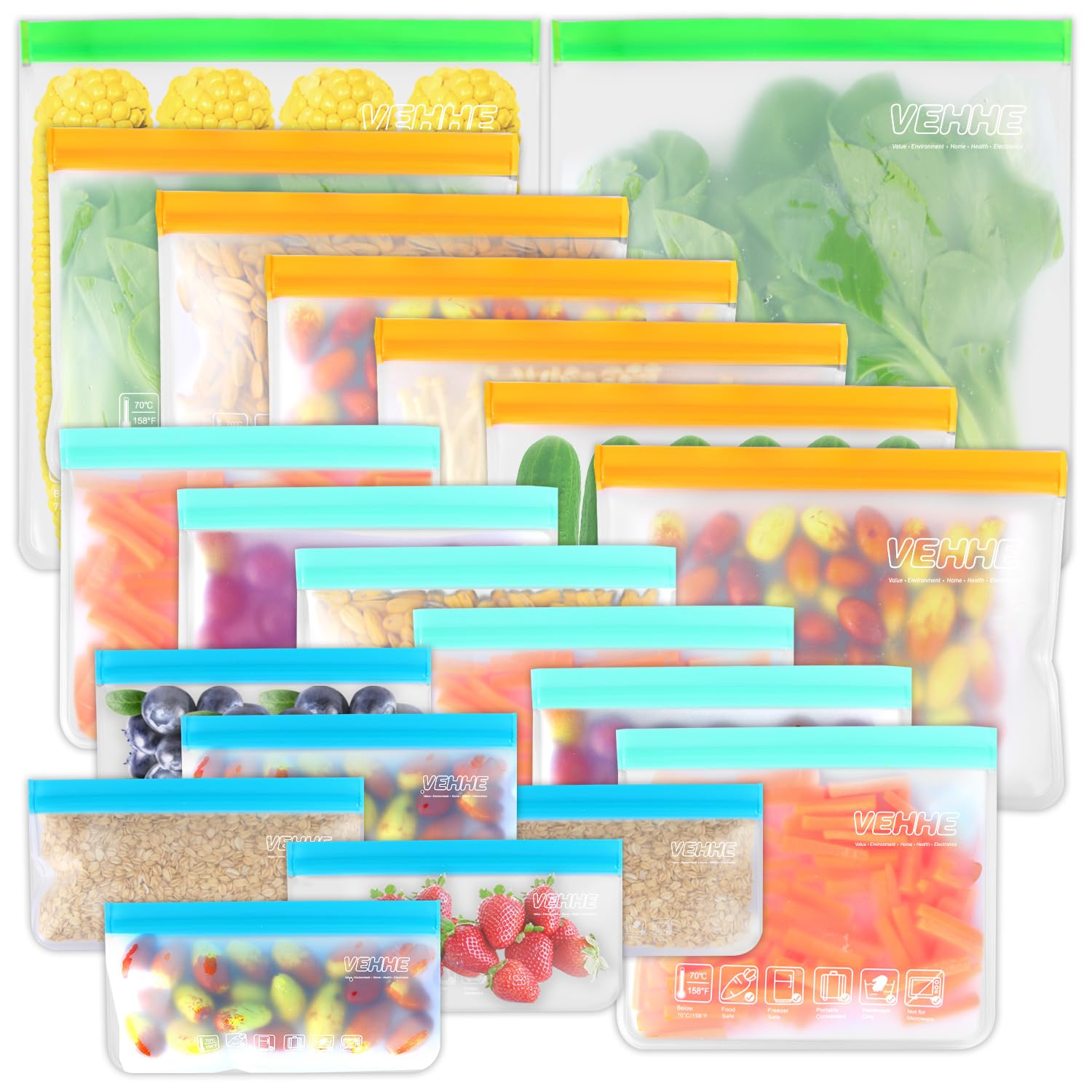 VEHHE 20 Pack Reusable Food Storage Bags (Gallon Reusable Freezer Bags + Sandwich Bag + Ziplock Bag) Leakproof Lunch Pouches, for Travel Jewelry Make-Up