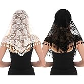 Zorfeter 2PCS Catholic Veils, Mass Veil Fringed Lace Vintage Triangle Mantilla, Church Mantilla for Women Mass(Black+White)
