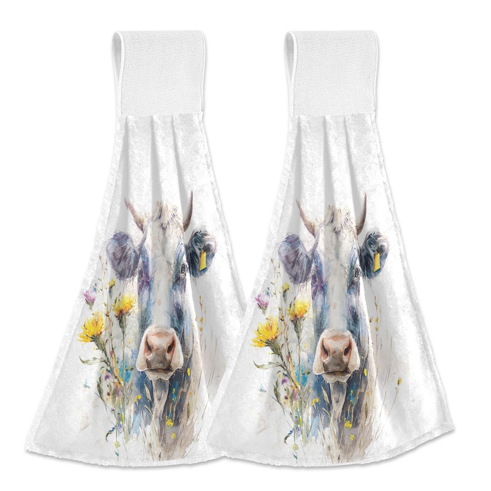 Boccsty Cow Daisy Flower in Its Mouth Farm Animal Portrait Hanging Kitchen Towels 2 Pieces Dish Cloth Tie Towels Hand Towel Tea Bar Towels for Bathroom Farmhouse Home
