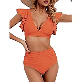 Soucrat Women's Ruffle High Waisted Swimsuit Two Piece Tropical Print Swimsuit Push Up Bathing Suit