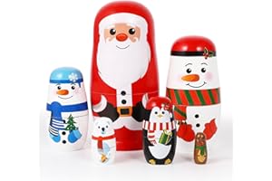 HEALLILY Christmas Wooden Stacking Doll Christmas Russian Matryoshka Doll Wooden Nested with Santa Claus Elk Snowman Polar Bear Penguin for Kids Birthday Toy Party Home Decor