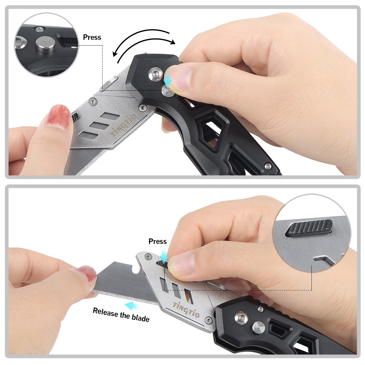 Folding Box Cutter Utility Knife Tingtio Utility Pocket Knife Box Cutter Knives with 11 Replaceable Blades, Belt Clip, Easy Release Button, Quick Change and Lock-Back Design