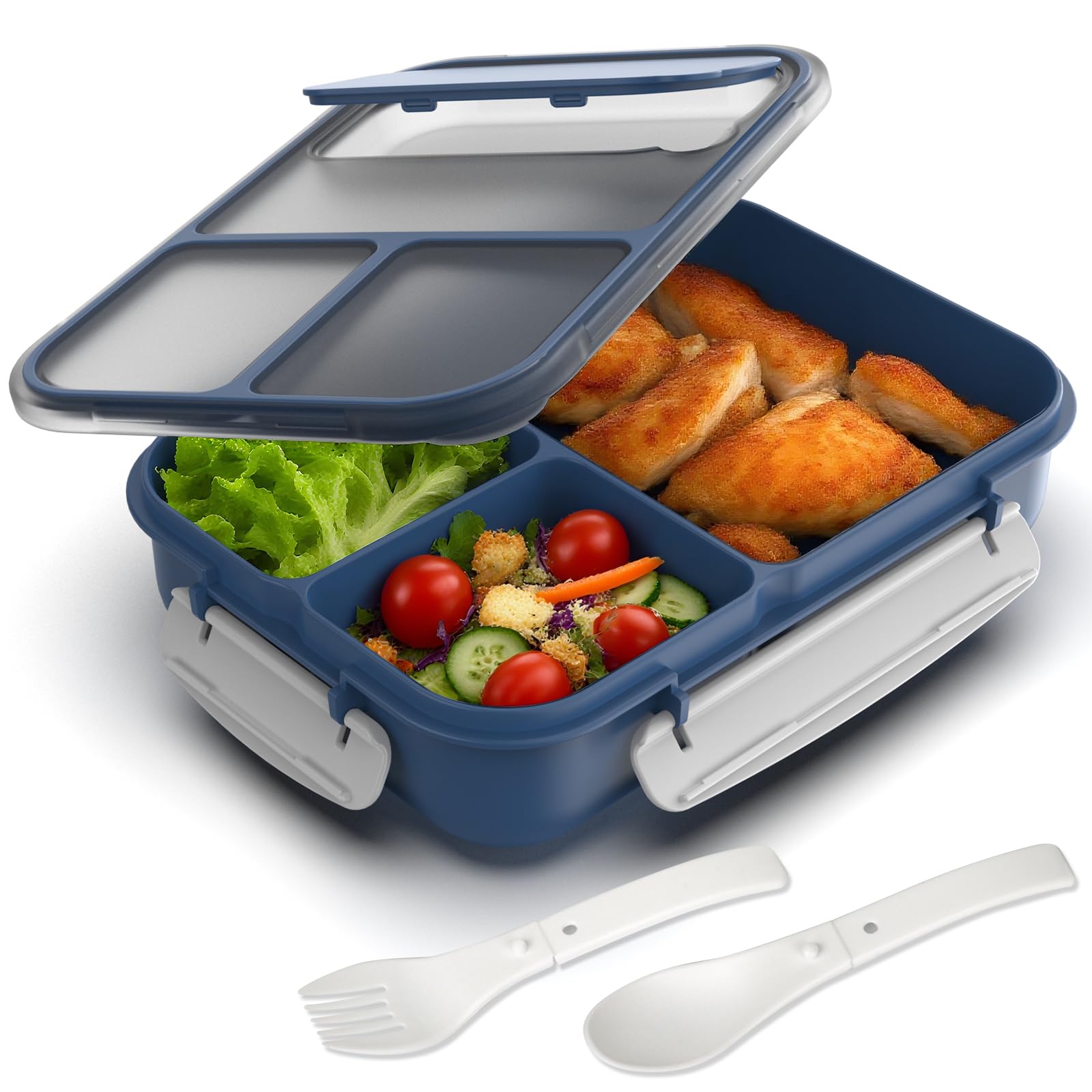 Photo 1 of **MISSING UTENSILS** WHALEHOUSE Large Capacity Bento Box for Adult, 1700ML 3 Compartments Lunch Box with Utensil, Airtight Food Container with Lids for Meal Prep, Microwave/Dishwasher/Freezer Safe, On the Go (Dark Blue)