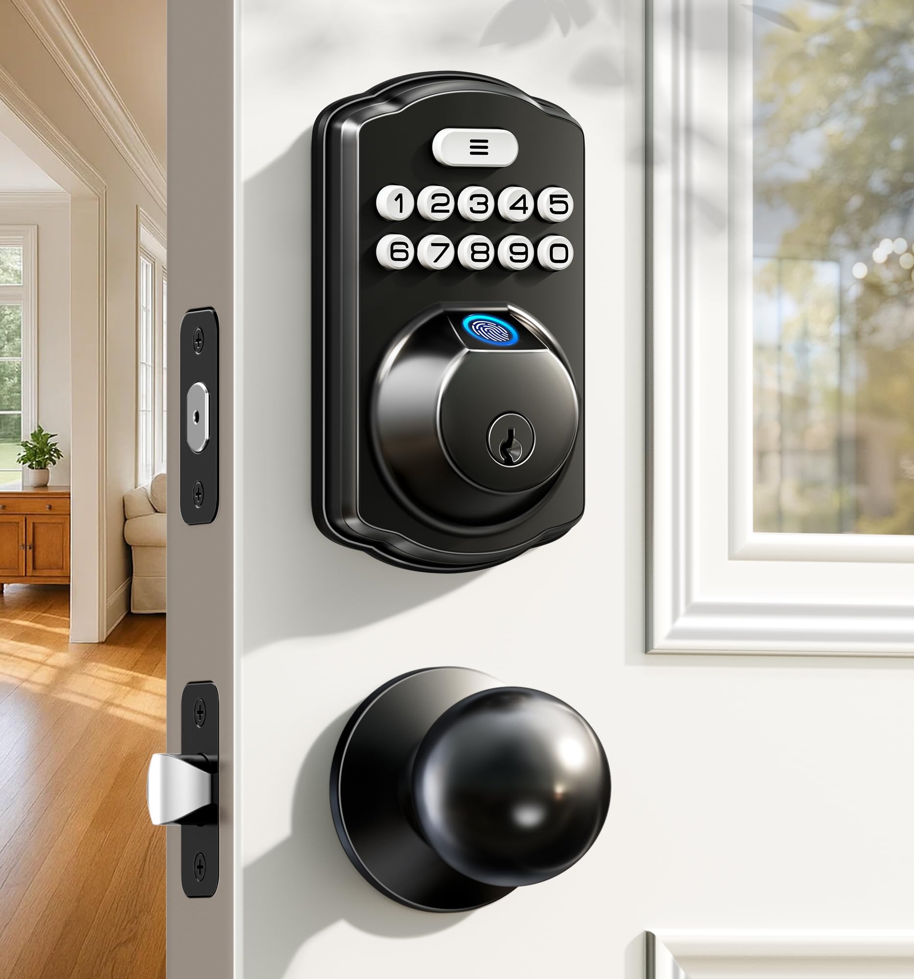 Photo 1 of Veise Fingerprint Door Lock with 2 Knobs - Keyless Entry Door Lock with Handle, Electronic Keypad Deadbolt, Smart Front Handle Set, Auto-Locking, Waterproof, Easy Installation, Matte Black