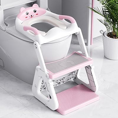 Orzbow Toilettensitz Kinder mit Treppe, Stabil Kinder Toilettensitz mit Dreiecksstruktur, Verlängerter Pedal- und Spritzschutz und Wasserdichtes PVC-Polster, Rutschfest und Faltbar, Rosa