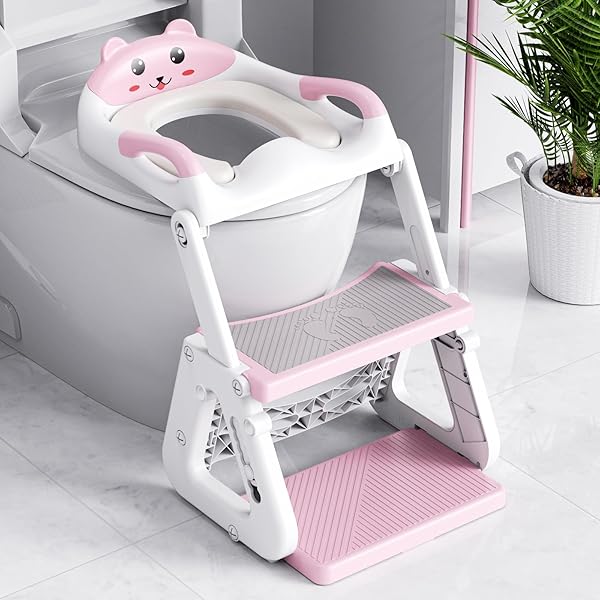 Orzbow Toilettensitz Kinder mit Treppe, Stabil Kinder Toilettensitz mit Dreiecksstruktur, Verlängerter Pedal- und Spritzschutz und Wasserdichtes PVC-Polster, Rutschfest und Faltbar, Rosa