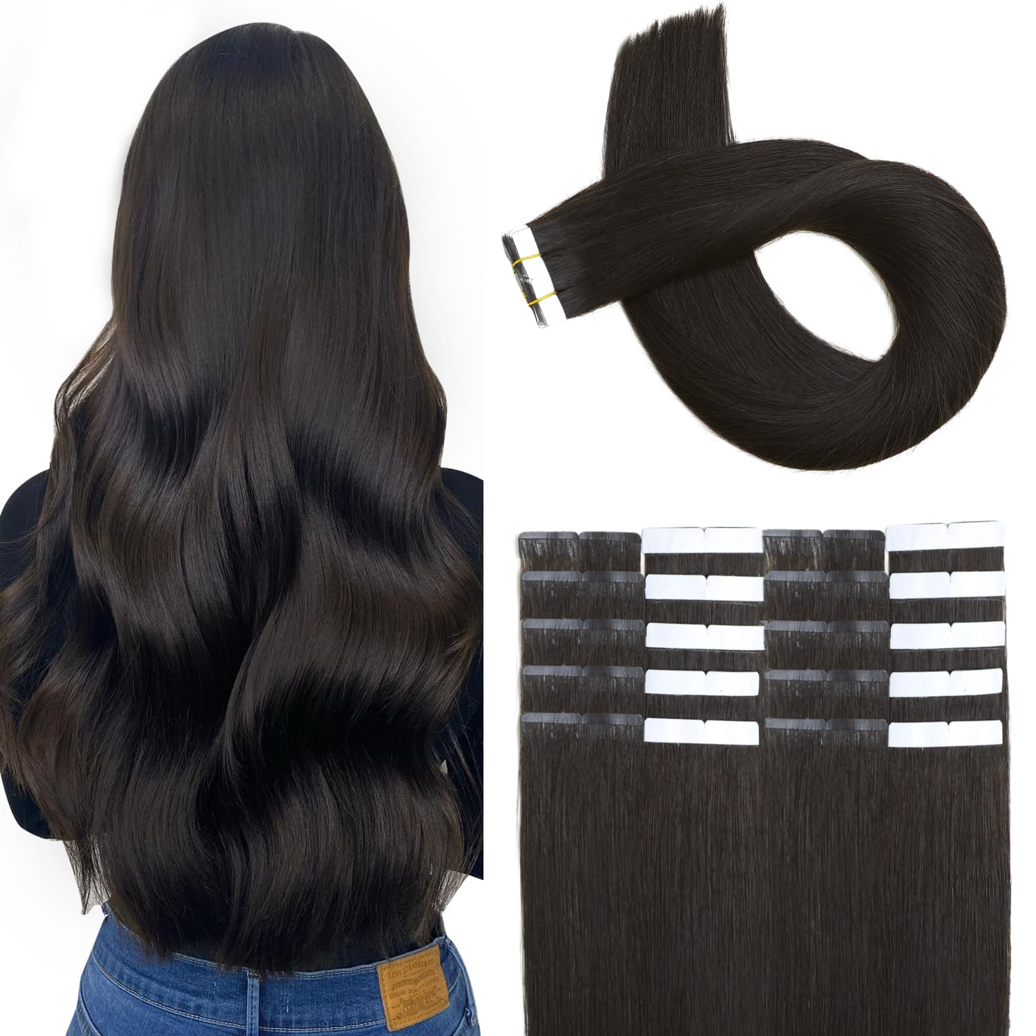 XDhair Tape in Real Human Hair Extensions 16Inch 50g Natural Black Silky Straight Tape in Hair Extensions for Fashion Women 20pcs (#1B, 16Inch)