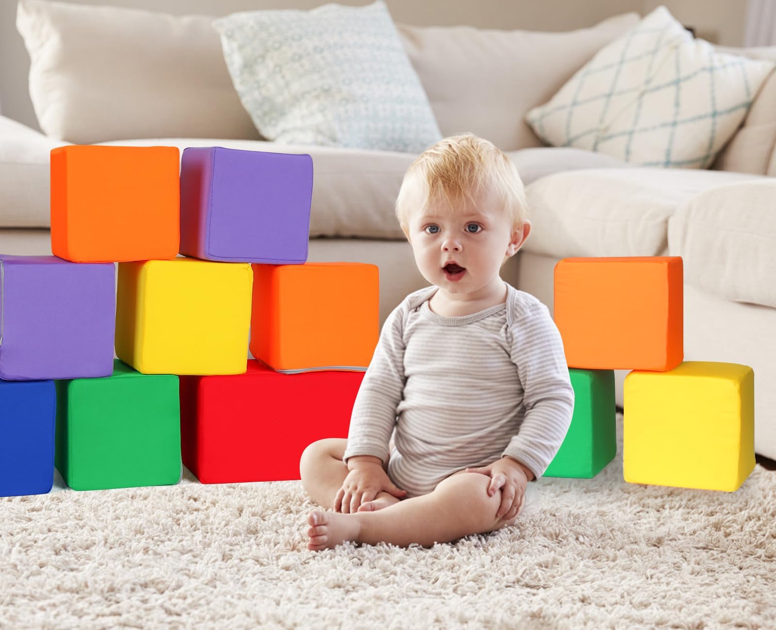 UHAPPYEE Toddler Foam Buliding Blocks - 12 Piece Fabric Covered in 2 Sizes Stacking Block Sets - Colourful Soft Play Set for Kids Idea for Building and Throwing Fun-Blue