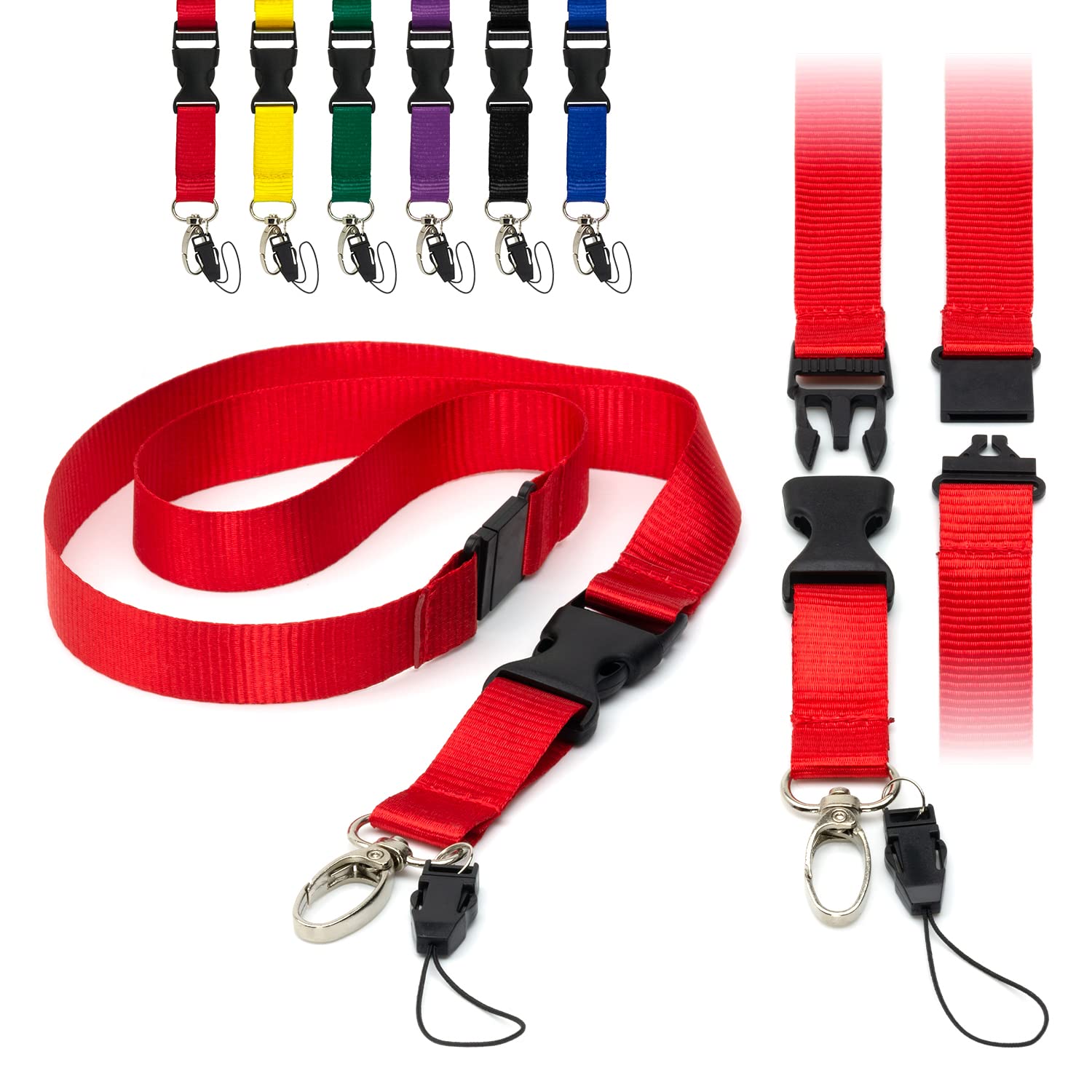 Red Detachable 2cm Flat Lanyards with Buckle, Safety Breakaway Pull, Metal Clip, and Loop String ID Badge Holders Lanyard Neck Strap by LanyardsTomorrow Pack of 10