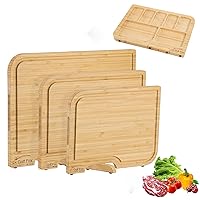 3-PCS Bamboo Cutting Board Set, Wood Cutting Board for Kitchen with Innovative Stand, Juice Groove & Handle, Double Sided for Chopping & Charcuterie Board, Kitchen Gift for Home Cooks, For Meat &Fruit