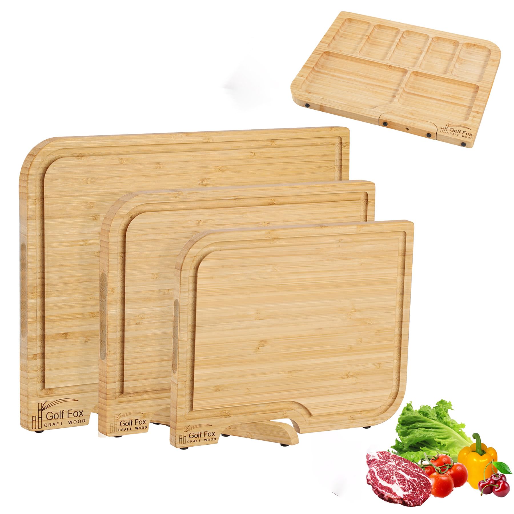 3-PCS Bamboo Cutting Board Set, Wood Cutting Board for Kitchen with Innovative Stand, Juice Groove & Handle, Double Sided for Chopping & Charcuterie Board, Kitchen Gift for Home Cooks, For Meat &Fruit