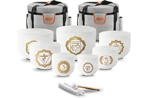 RYAN DVAN 432 hz 7-12 Inch Set of 7 Gold Chakra Design Quartz Crystal Singing Bowl Chakra Set with Free 2 pcs Carrying Case