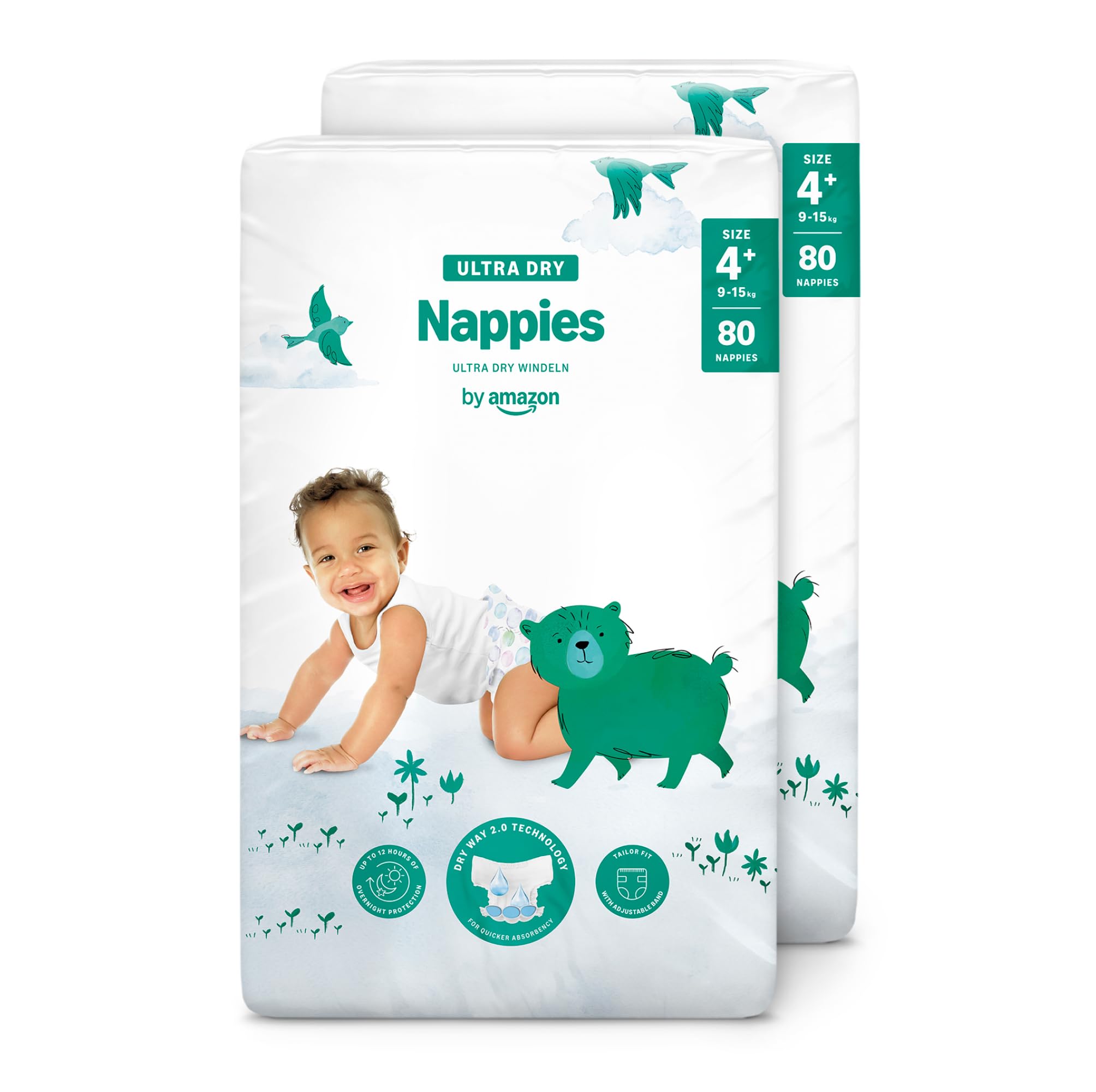 By Amazon Ultra Dry Nappies - Size 4+ (9-15 kg)- With Channels- 160 Units (2 packs x 80) (Previously a Mama Bear Brand, Same Product)